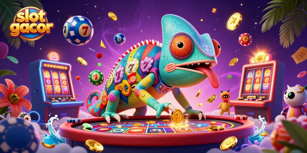 Experience the excitement of slot gacor with a vibrant 3D chameleon casino owner surrounded by colorful gaming elements.
