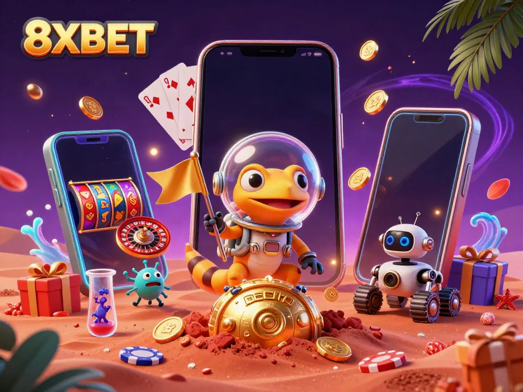 Engaging scene showing 8XBET, a Martian gecko discovering a golden casino amidst dynamic gambling elements.