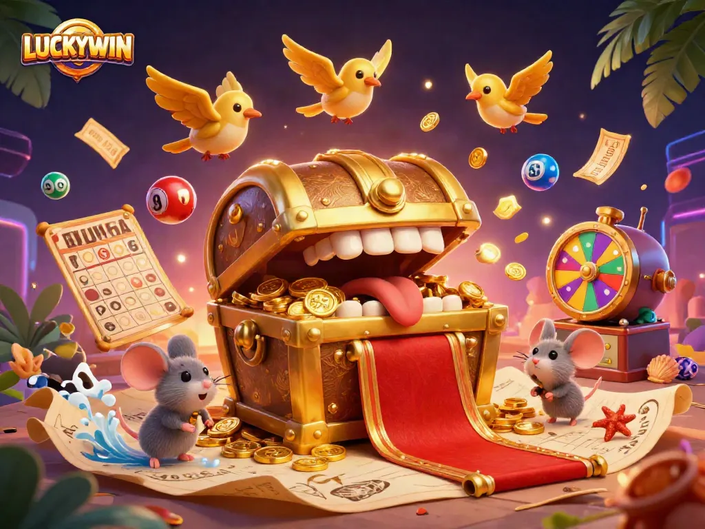 LUCKYWIN festival image showcasing dynamic lottery elements, golden chest, and adventurer mice for good luck.
