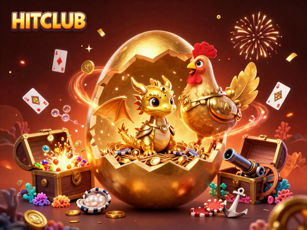 HITCLUB showcases a golden dragon on poker chips amidst a vibrant casino scene, celebrating wins.