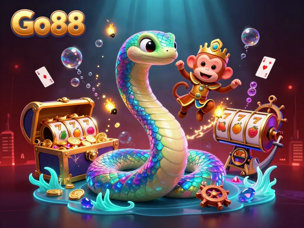 Engage in thrilling casino adventures with Go88, featuring a vibrant scene of dynamic game elements and colorful characters.