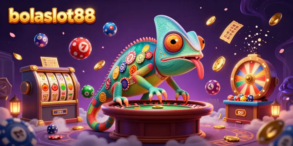 Experience the excitement of bolaslot88 with colorful casino games, a dynamic chameleon owner, and lively elements.