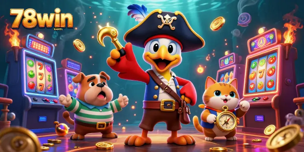 Engage with thrilling slot games at 78win com, featuring pirate-themed 3D characters and vibrant visuals.