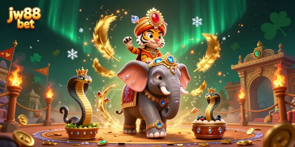 Experience the excitement of jw88 bet with vibrant characters amid swirling colors and rich casino elements.