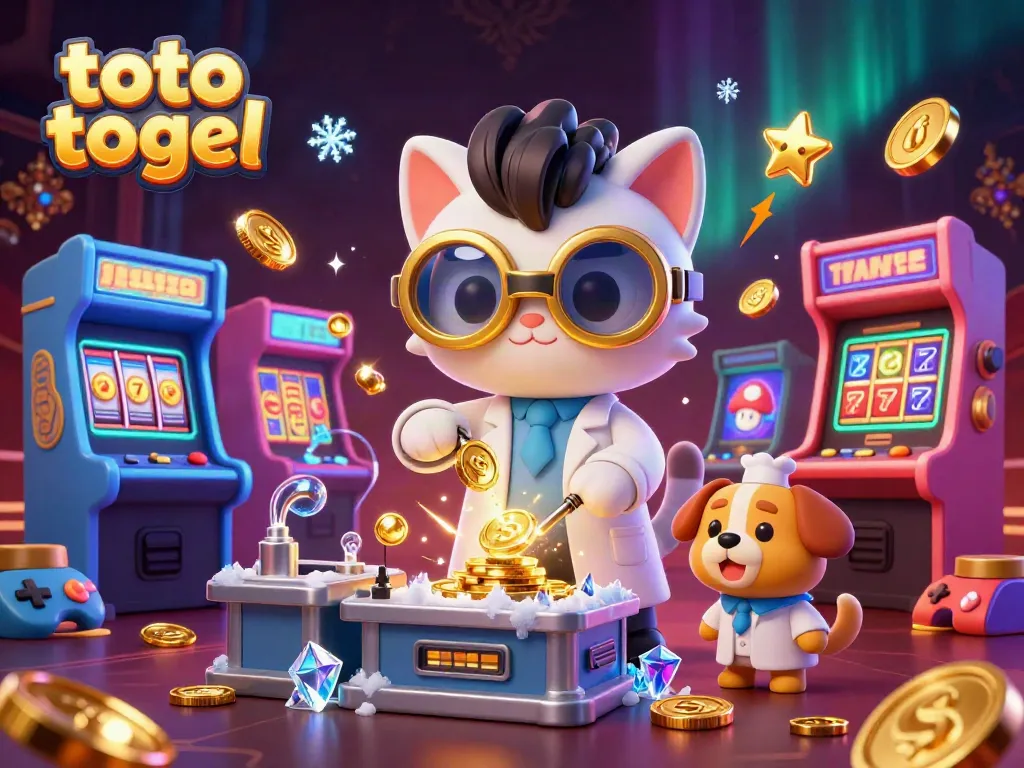 Experience toto togel thrills with our enchanting casino scene featuring a mad scientist cat and dog amidst vibrant game elements.