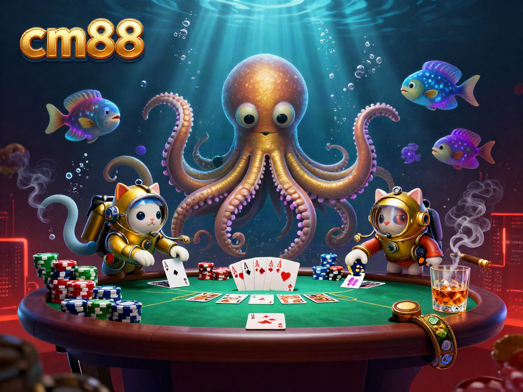 Engage with cm88's vibrant poker-themed digital art showcasing a colossal kraken and diving cat.