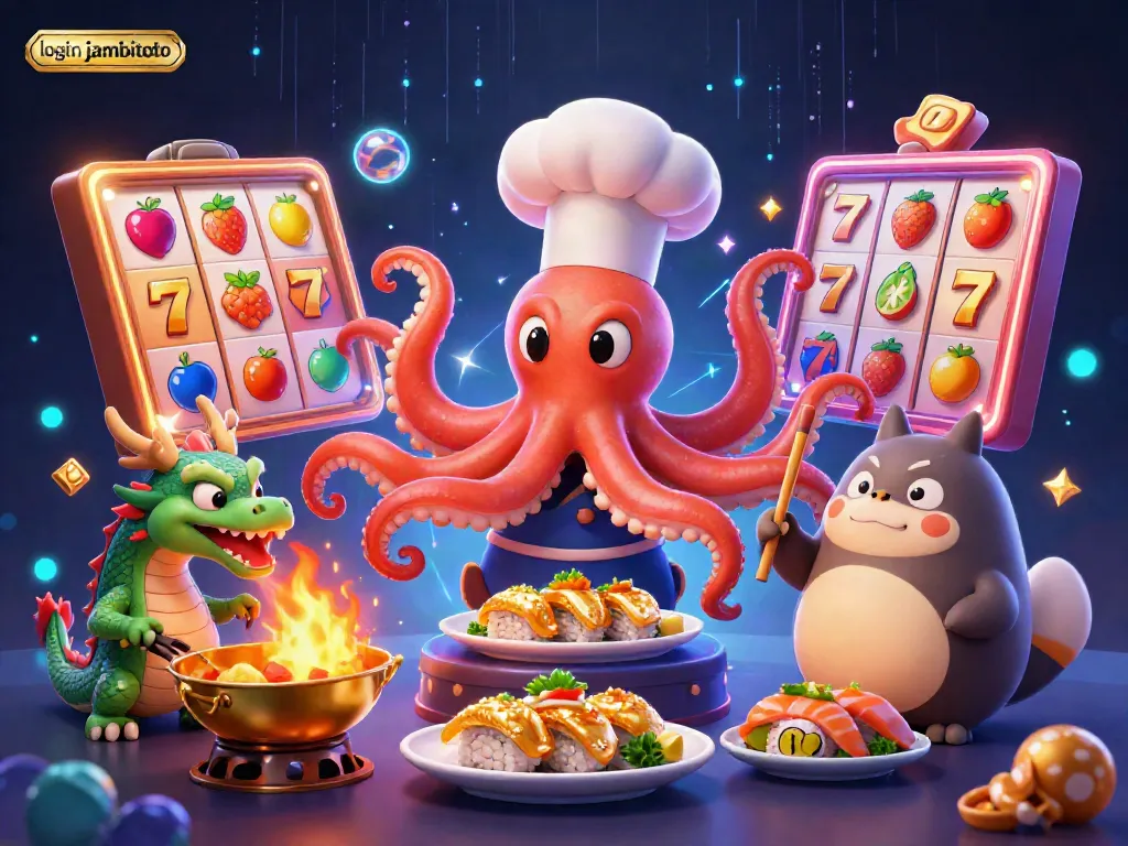 Engage with the vibrant atmosphere of login jambitoto featuring a dynamic sushi chef octopus and casino elements.
