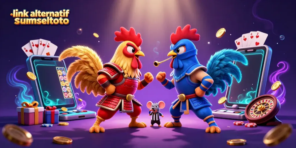 Experience the thrilling standoff of battle-ready roosters with link alternatif sumseltoto amidst a vibrant casino backdrop.