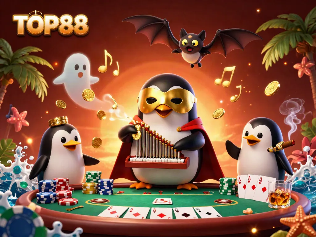 Experience the excitement of TOP88 with a whimsical casino scene showcasing a 3D penguin playing for high stakes amidst vibrant game elements.