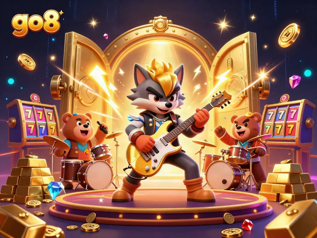 Engage in thrilling gameplay with GO8 as a cartoon rock star wolf and drummer bear perform on a dazzling casino stage.