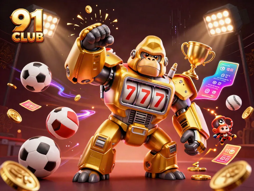 Immerse in the thrilling world of 91 CLUB, where a golden gorilla mech and sports elements capture the excitement of online gaming.