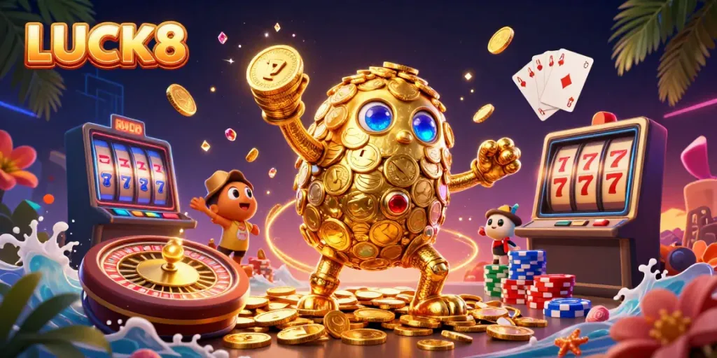 LUCK8 showcases vibrant winning moments with golden coins and exciting gaming elements.