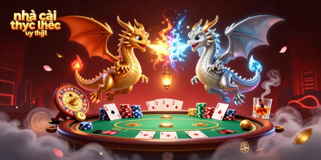 Experience excitement at nhà cái trực tuyến uy tín with golden and silver dragons amidst vibrant casino elements.