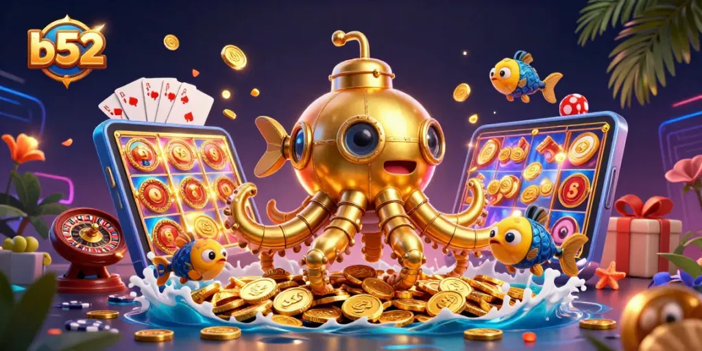 Spin vibrant b52-inspired slot games, featuring golden kraken and mechanical fish amidst coins.
