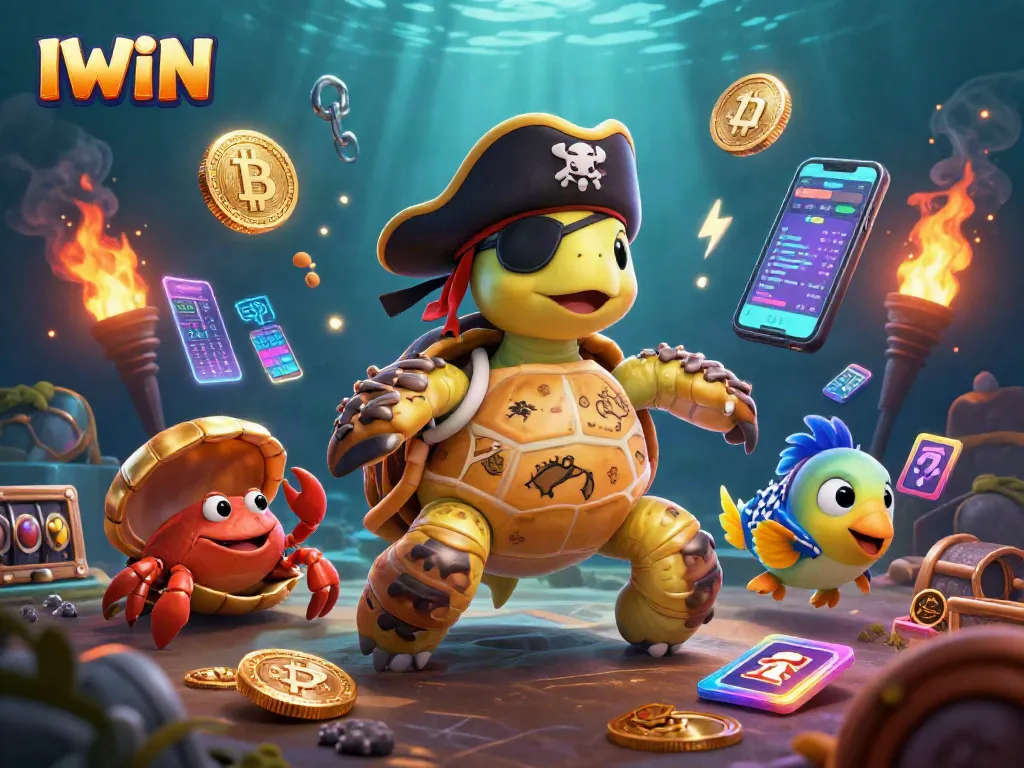 IWIN brings excitement as a pirate turtle, hermit crab, and parrotfish play amid casino elements and treasure!