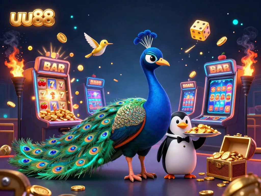 Engage with the colorful uu88 casino experience featuring a peacock, a penguin, and a hummingbird amidst a jackpot explosion.
