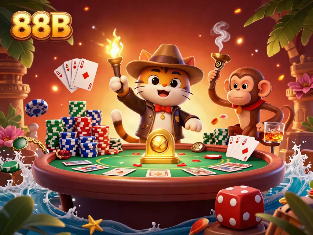 Experience thrilling gameplay in 88B's vibrant casino atmosphere with a dynamic explorer cat and monkey.