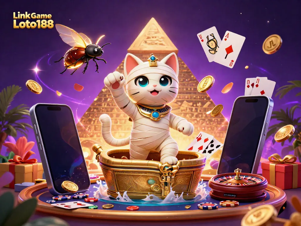 Engage with Link Game Loto188's vibrant gaming scene featuring a mummy cat, scarab, and interactive casino elements.