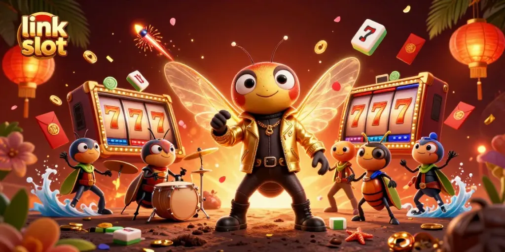 Experience the thrill of link slot action in a vibrant casino scene filled with energy and excitement.