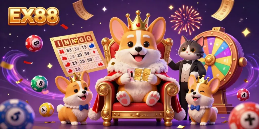 Experience thrilling gaming at EX88 with a royal corgi on a poker chip throne, surrounded by vibrant lottery elements.