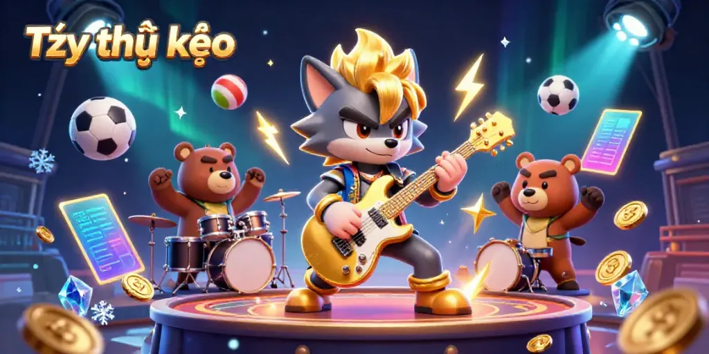 Engaging 3D illustration showcasing Tỷ lệ kèo featuring a wolf and bear in a dynamic casino setting.