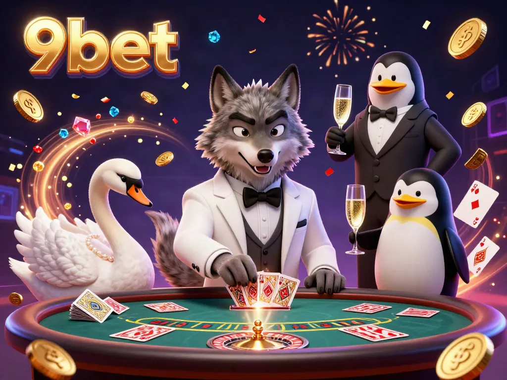 Experience the thrill of 9bet with a dynamic baccarat scene featuring a suave wolf and an elegant swan dealer.