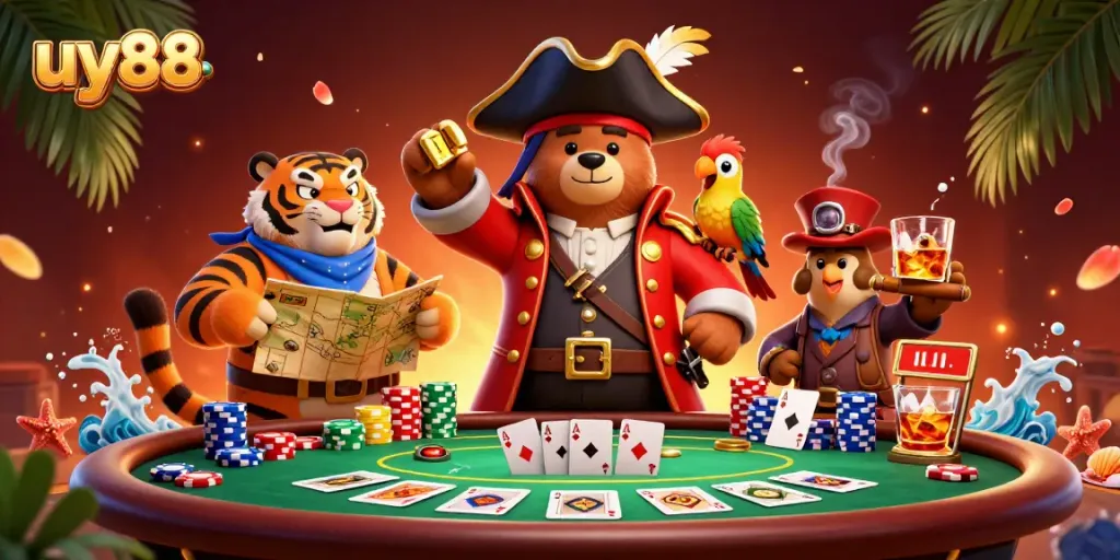 uy88 pirate-themed poker scene featuring a bear captain and tiger first mate, vibrant casino elements