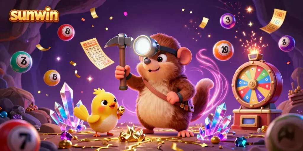 Sunwin gaming scene featuring a treasure hunter mole and canary in a vibrant casino atmosphere.
