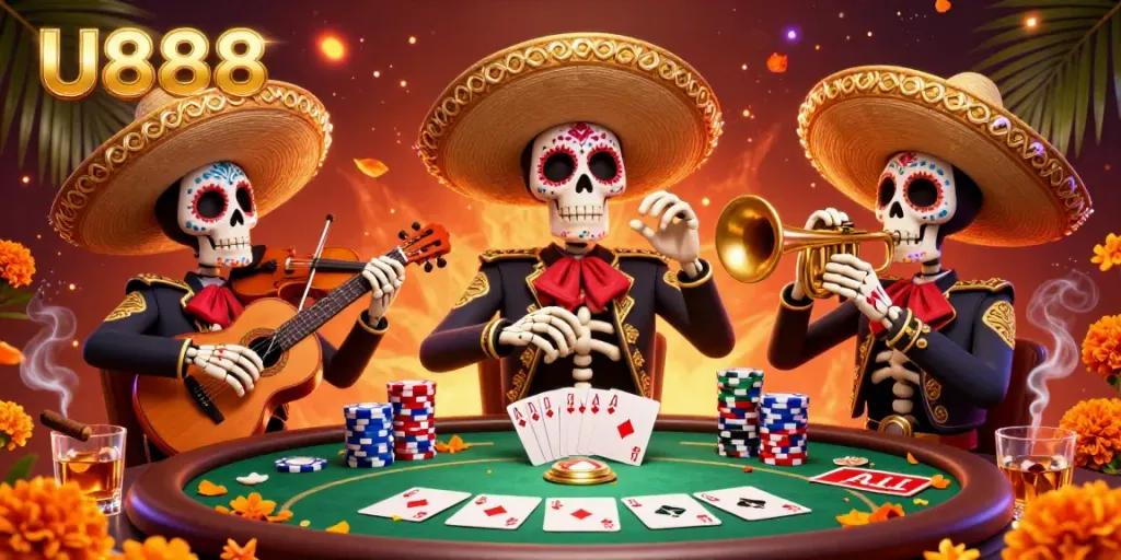 Experience U888's vibrant casino scene with colorful mariachi skeletons and poker elements.