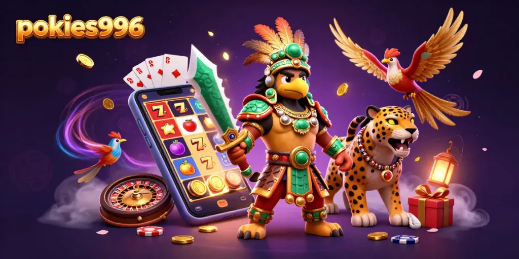 Experience thrilling pokies996 gameplay with an Aztec warrior, lucky 7s, and vibrant game elements.