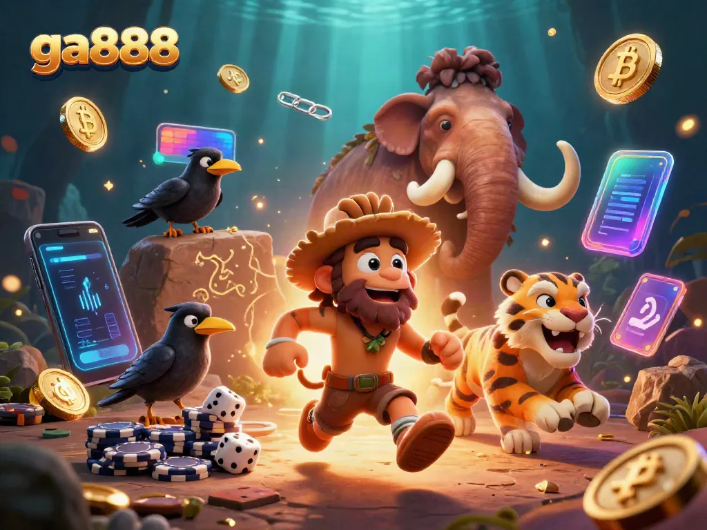 Engage with ga888's gaming adventures in a prehistoric casino setting filled with vibrant 3D elements and neon crypto coins.