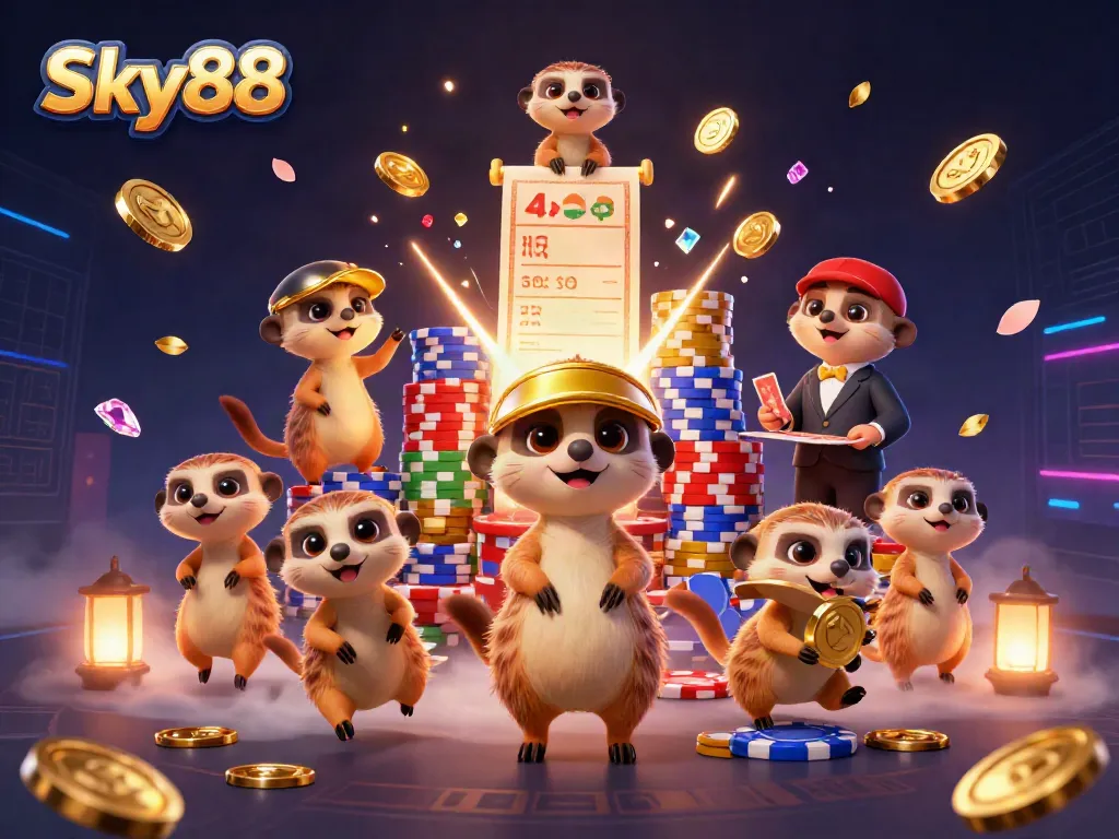 Bet on Sky88 with 3D meerkats in an energetic casino scene showcasing sports betting excitement.