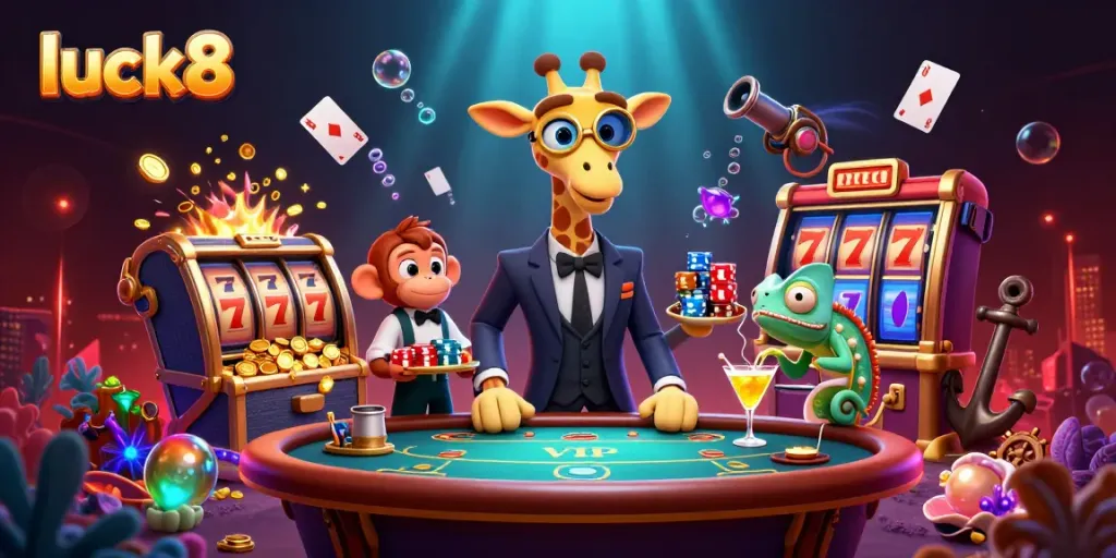 Luck8 captures excitement with vibrant visuals of a high-roller giraffe at a casino table.