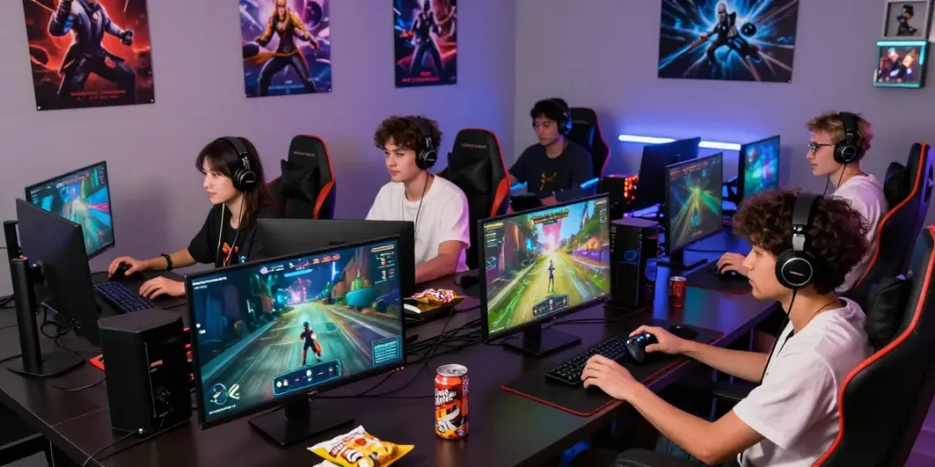 Engaging gamers experiencing janji33 alternatif in a vibrant gaming setting, showcasing excitement and camaraderie.