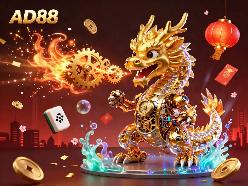 Engage with the dynamic gaming experience at AD88 featuring a golden dragon and rich casino elements.