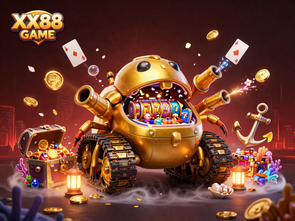 Experience the excitement of XX88 GAME with a dynamic 3D casino illustration featuring a golden beetle tank.