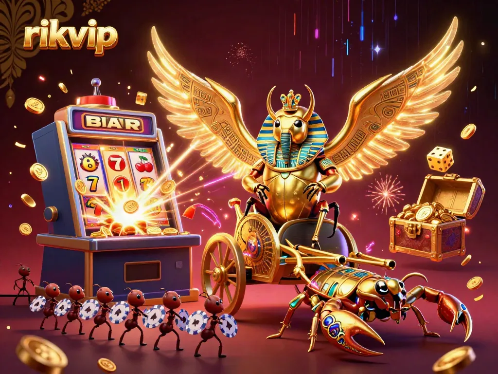 Experience the excitement of rikvip with a dramatic 3D casino scene, featuring vibrant game elements and rich colors.