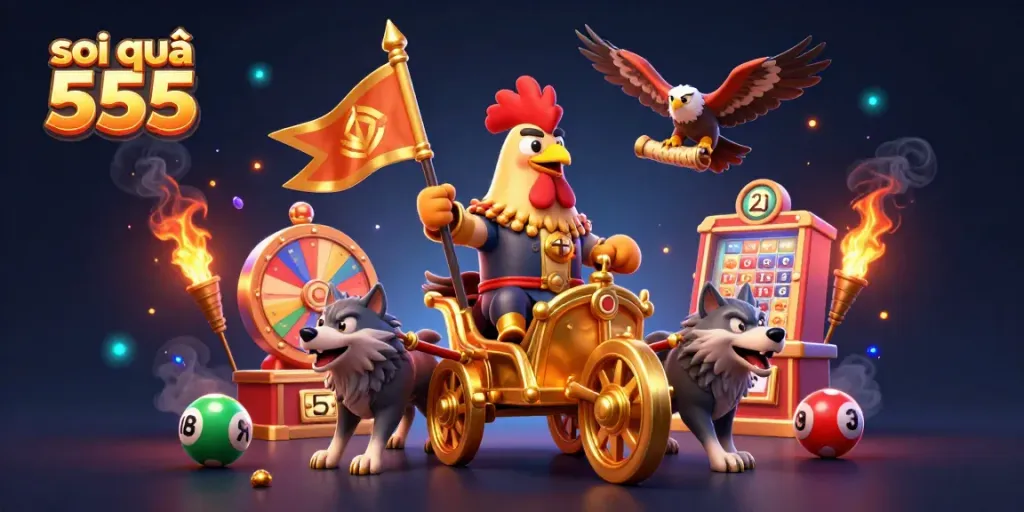 Engage in winning strategies with soi cầu 555 as a rooster warlord leads a dynamic lottery scene.
