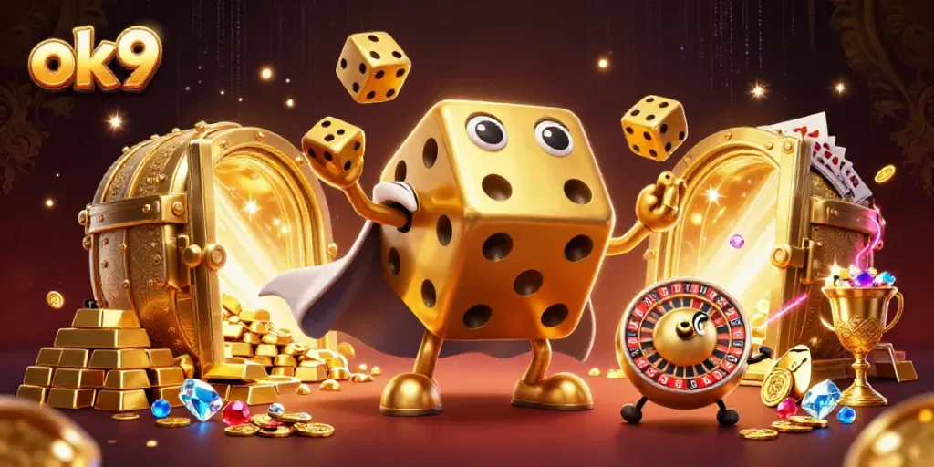 Experience thrilling gameplay in a vibrant casino scene featuring ok9 dice and treasures.