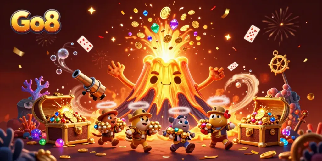 Experience the excitement of Go8 with treasure-filled volcanoes and vibrant casino elements.