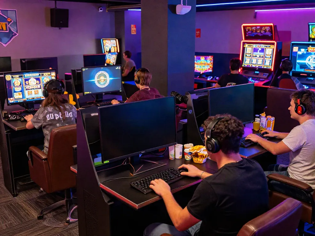 Dynamic gaming lounge with players enjoying link slot gacor on high-definition screens, vibrant atmosphere, and modern decor.