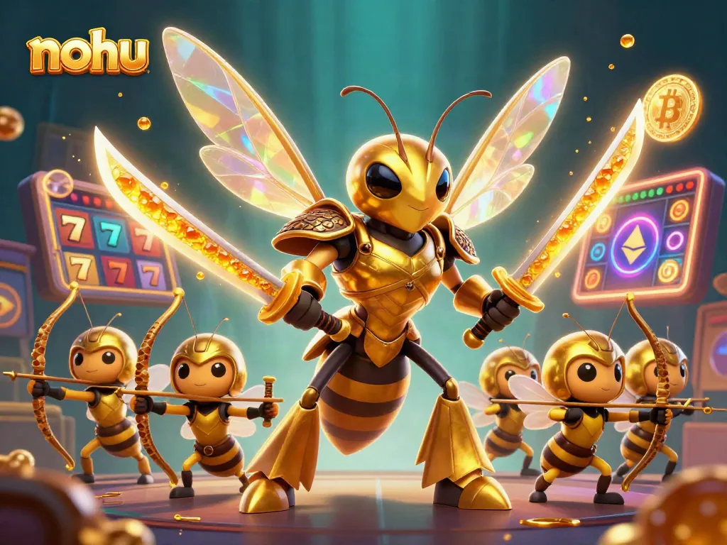 Experience the thrill of nohu with a vibrant scene showcasing a golden hornet in samurai armor surrounded by slot reels and cryptocurrency symbols.