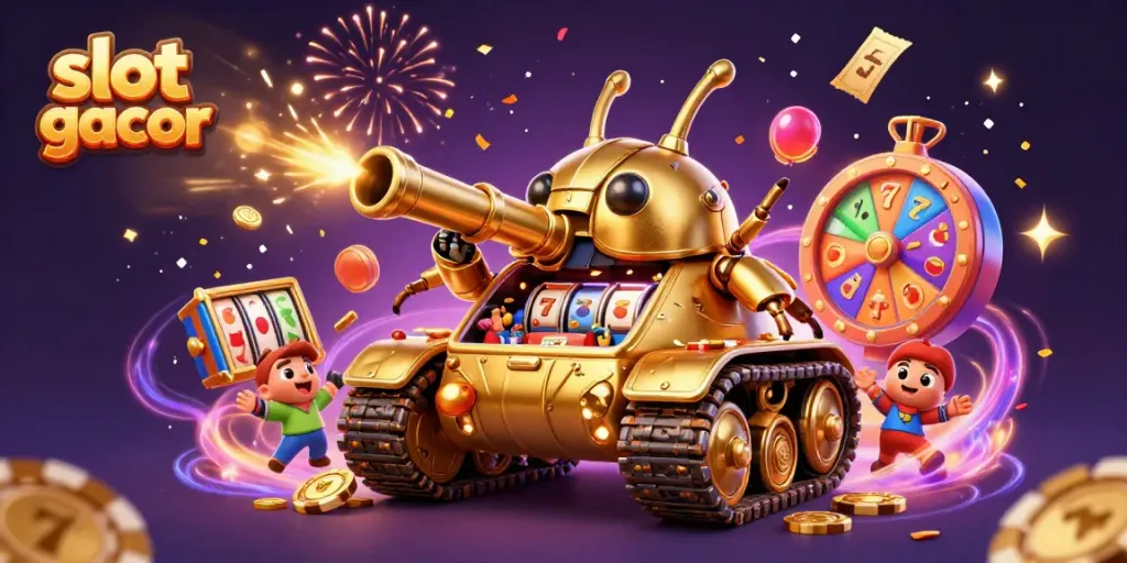 Ilustrasi 3D menyerukan slot gacor dengan mobil tank laba-laba emas dan simbol permainan yang berlimpah.