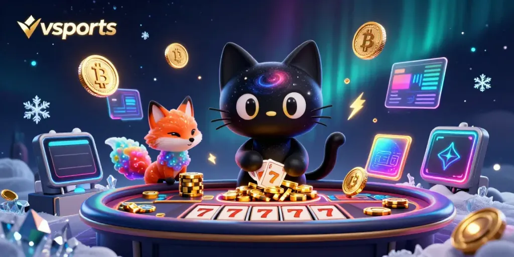 Experience the thrilling universe of vsports as a cosmic cat pulls in winning chips at a vibrant casino.