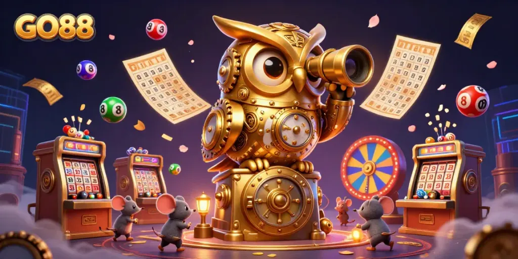 Experience the excitement of GO88 with a vibrant casino scene featuring a clockwork owl and dynamic gaming elements.