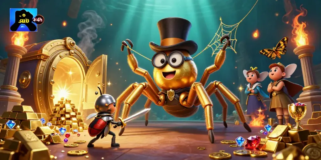 Soi cầu 24h showcases a brave beetle knight facing a golden tarantula amidst a treasure-filled casino environment.