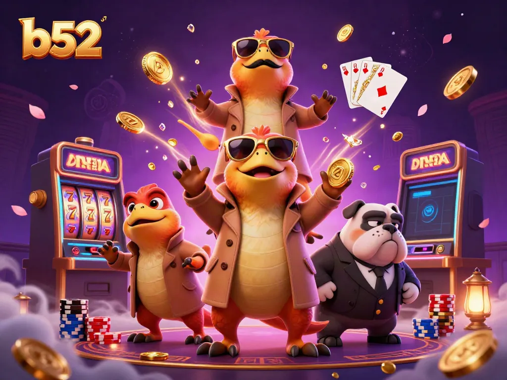 Join playful raptors in a trench coat discovering the vibrant b52 casino world full of excitement.