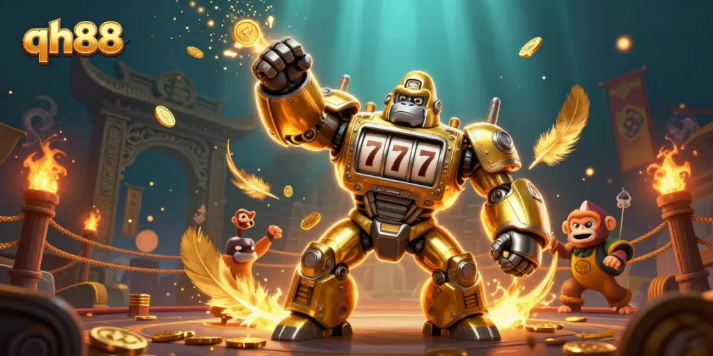 Experience thrilling action at qh88 with a golden gorilla mech surrounded by dynamic casino elements.