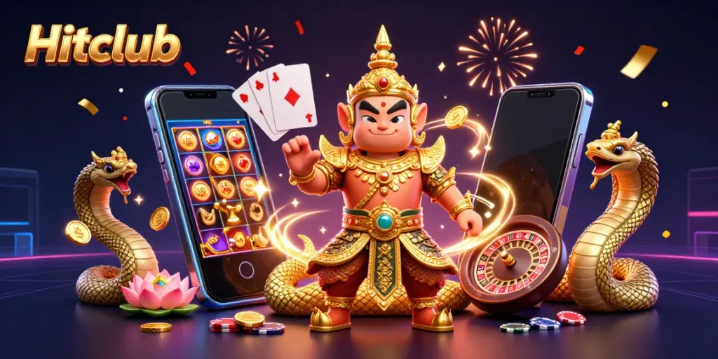 Experience thrilling slots and games with Hitclub in a vibrant 3D casino scene full of energy.
