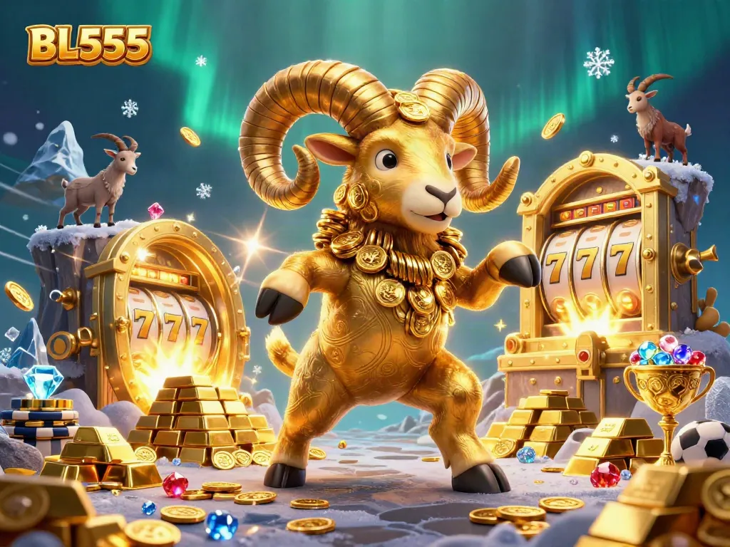 Experience thrilling winnings with the golden ram of BL555 in a vibrant casino setting filled with treasures.